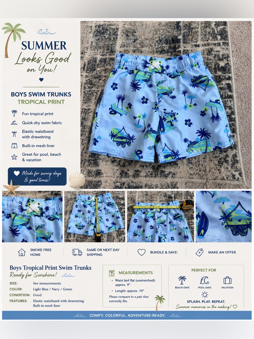 Cat & Jack Light Blue Tropical Swim Trunks with Navy & Lime Accents